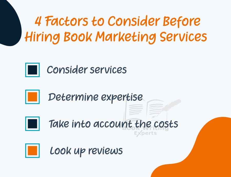 The picture explains factors authors need to consider before hiring book marketing services. 